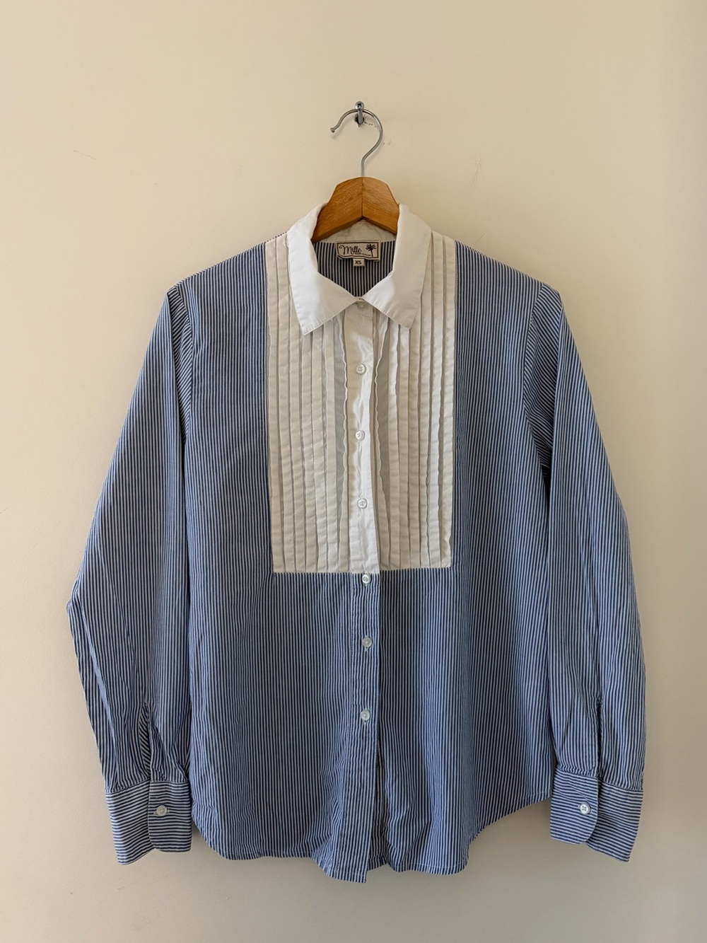 Mille Tuxedo Striped Blue & White Pintuck Front Button-Up Shirt